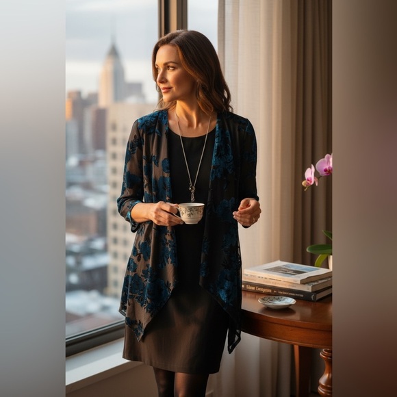 Studio One New York Black Teal Floral Velvet Overlay Dress with Necklace |Size S - Picture 13 of 13